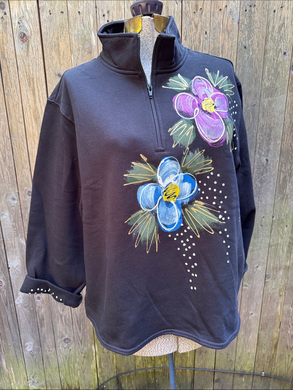 Black 3/4 zip Floral Painted Pullover Sweatshirt with rolled cuffs